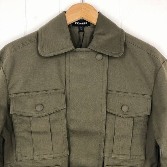 Express Utility Jacket Belt Pockets Oversized Cotton Twill Stretch Size XS Olive - Picture 3 of 16